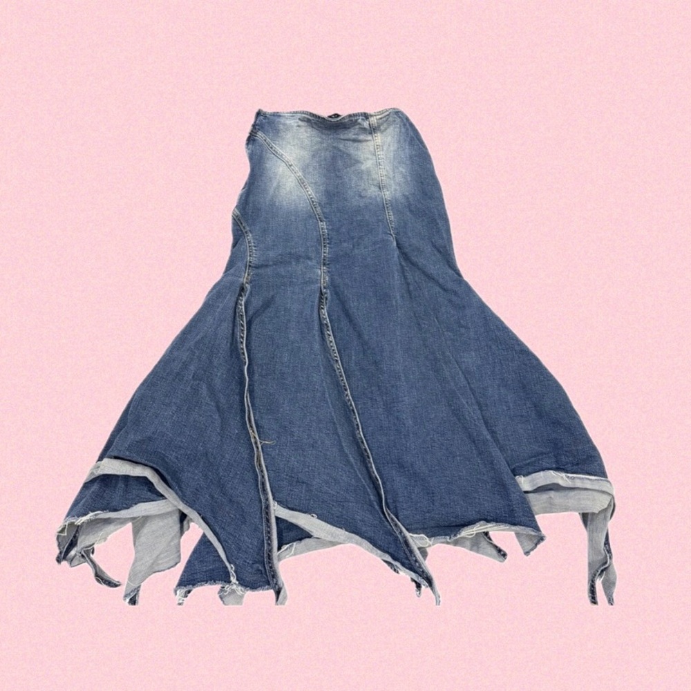 Women's Blue Denim Flared Abstract Jean Skirt